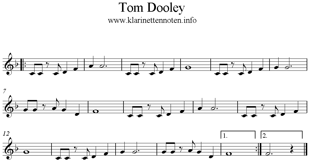 Tom Dooley, Noten, Trompete, Klarinette